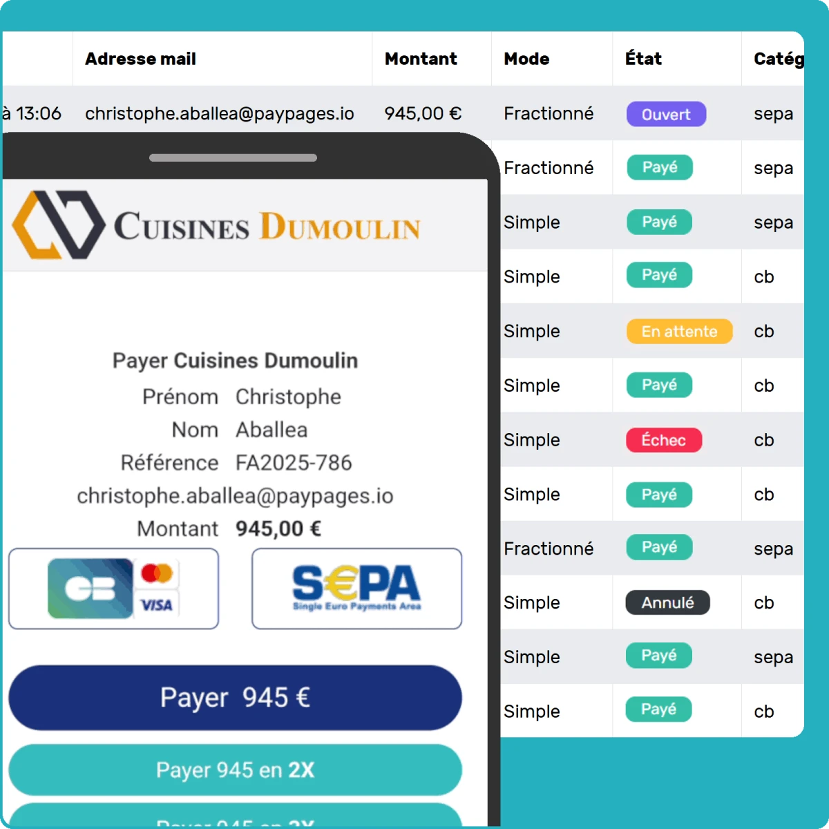 Illustration d'une page de paiement et d'un dashborad de suivi